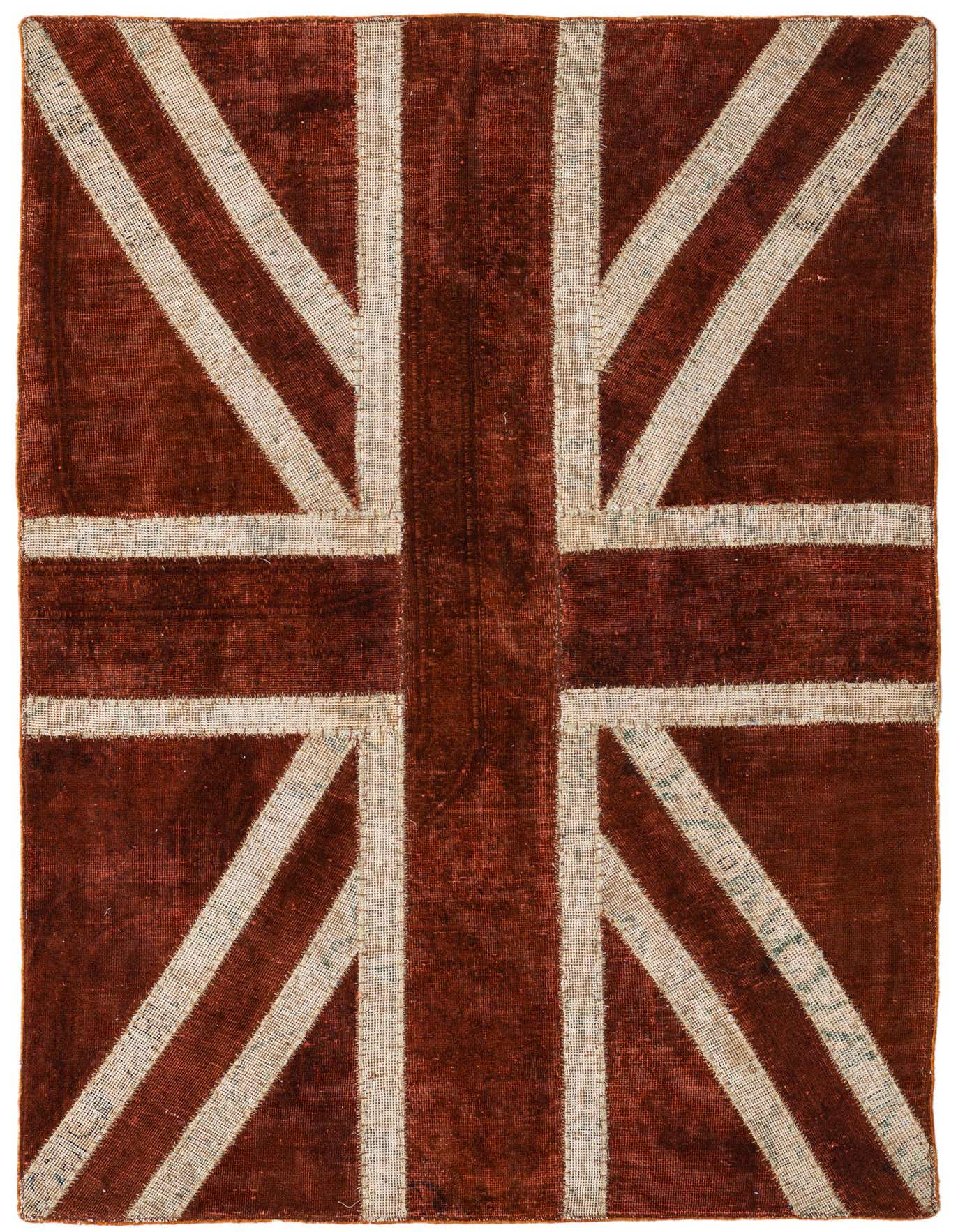 A 4x6 rectangular Ultra Vintage wool rug featuring a distressed Union Jack flag pattern in deep oranges and reds with off-white accents.