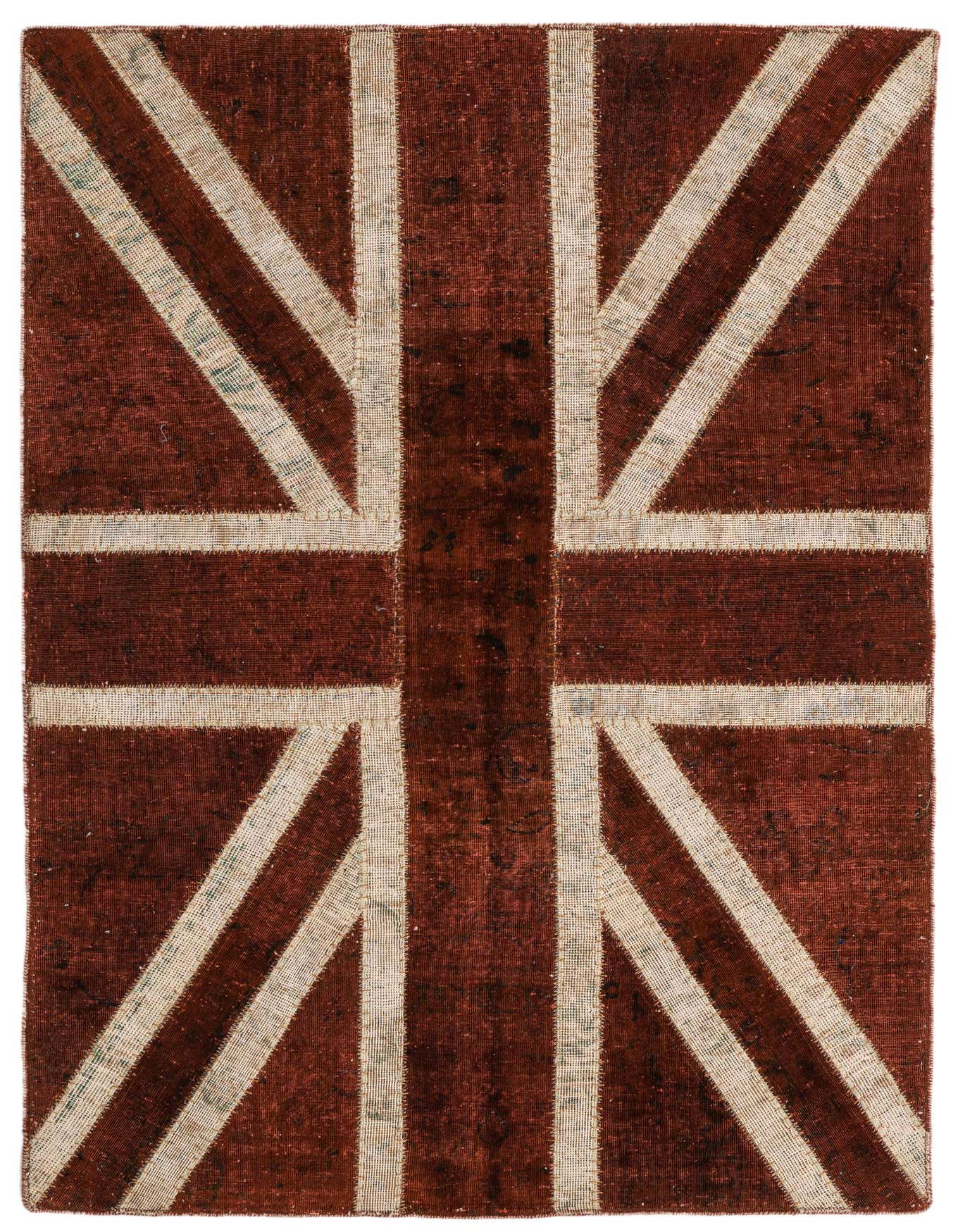 A 4x6 rectangular Ultra Vintage wool rug featuring a distressed Union Jack flag pattern in deep oranges and reds with cream accents.