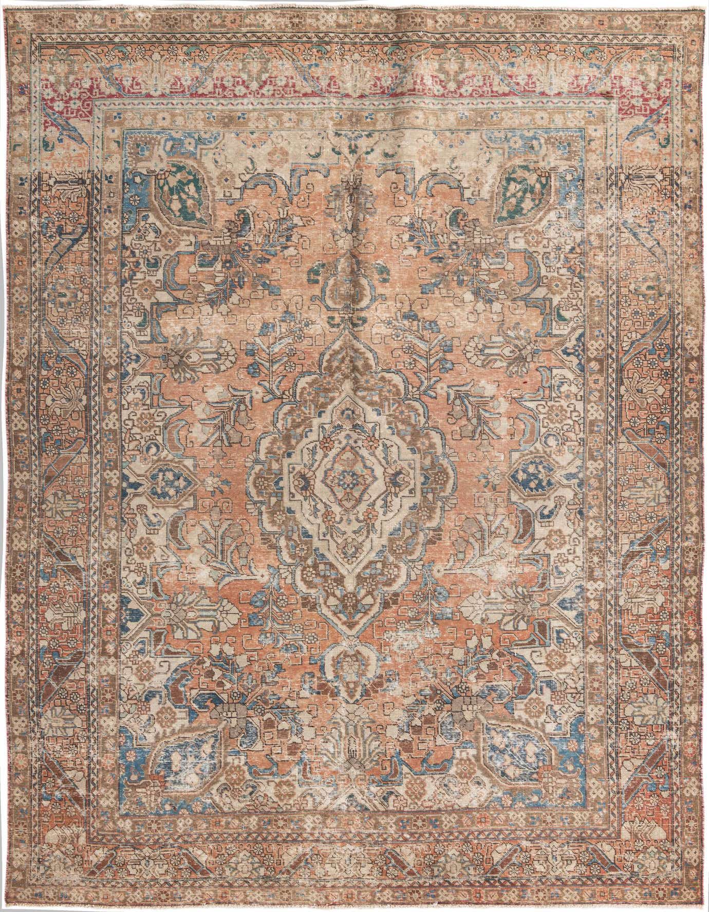 A 7x10 rectangular orange and red Persian-style wool rug with a distressed vintage look and intricate floral medallion pattern.