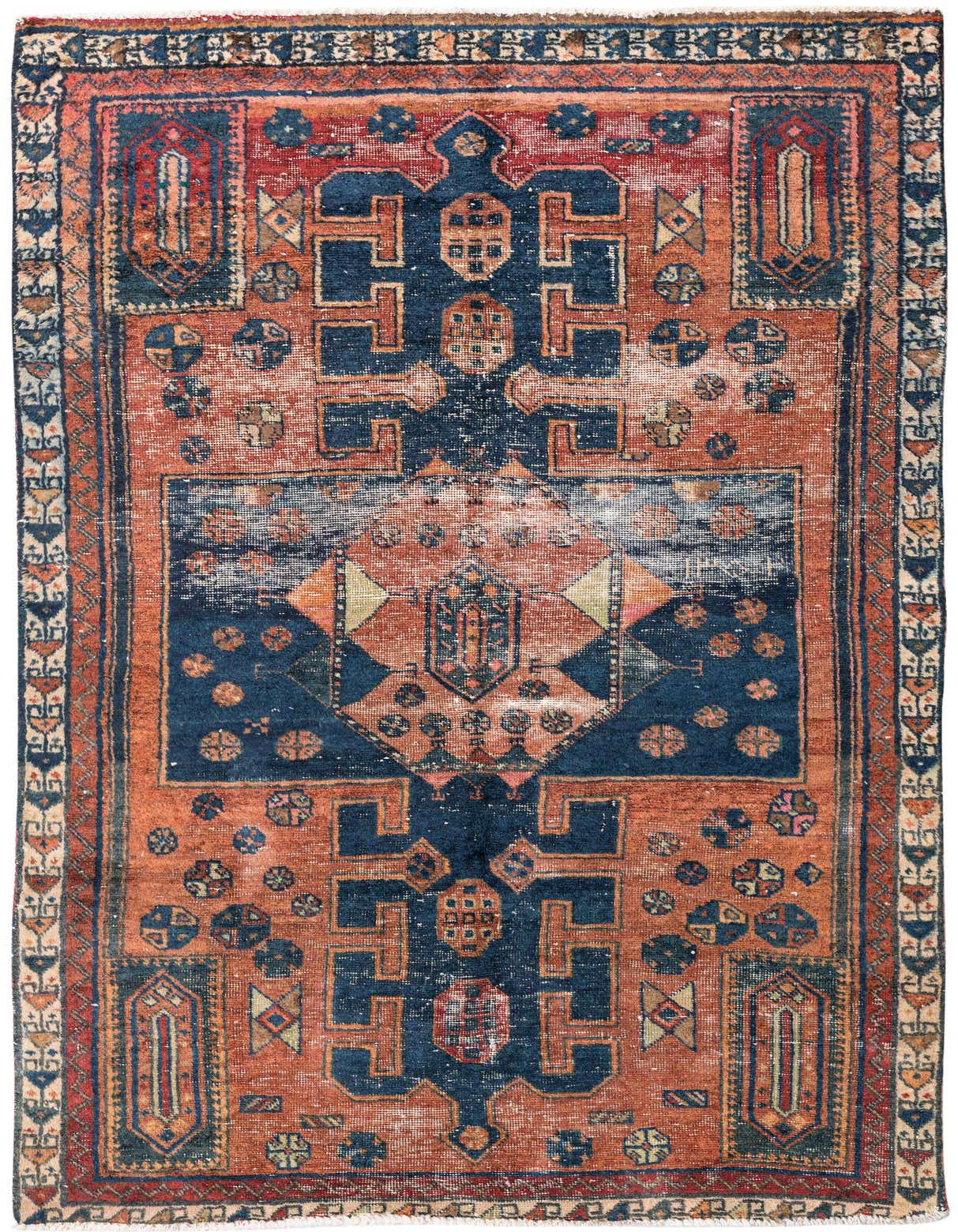 A 5x8 rectangular Ultra Vintage Persian rug with a faded medallion pattern in deep oranges, reds, and blues.