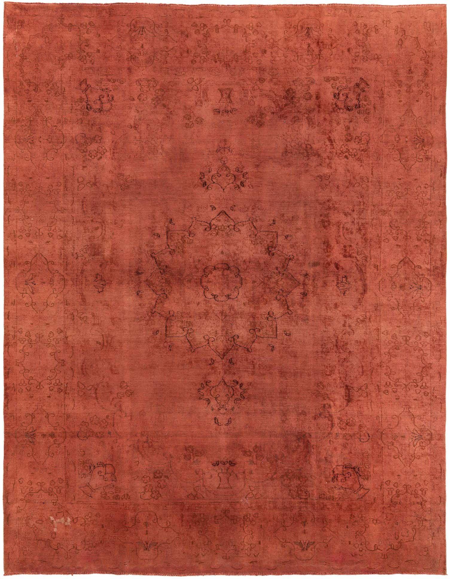 A 9x12 rectangular orange and red Persian-style wool rug with a faded medallion pattern, suitable for a living room.
