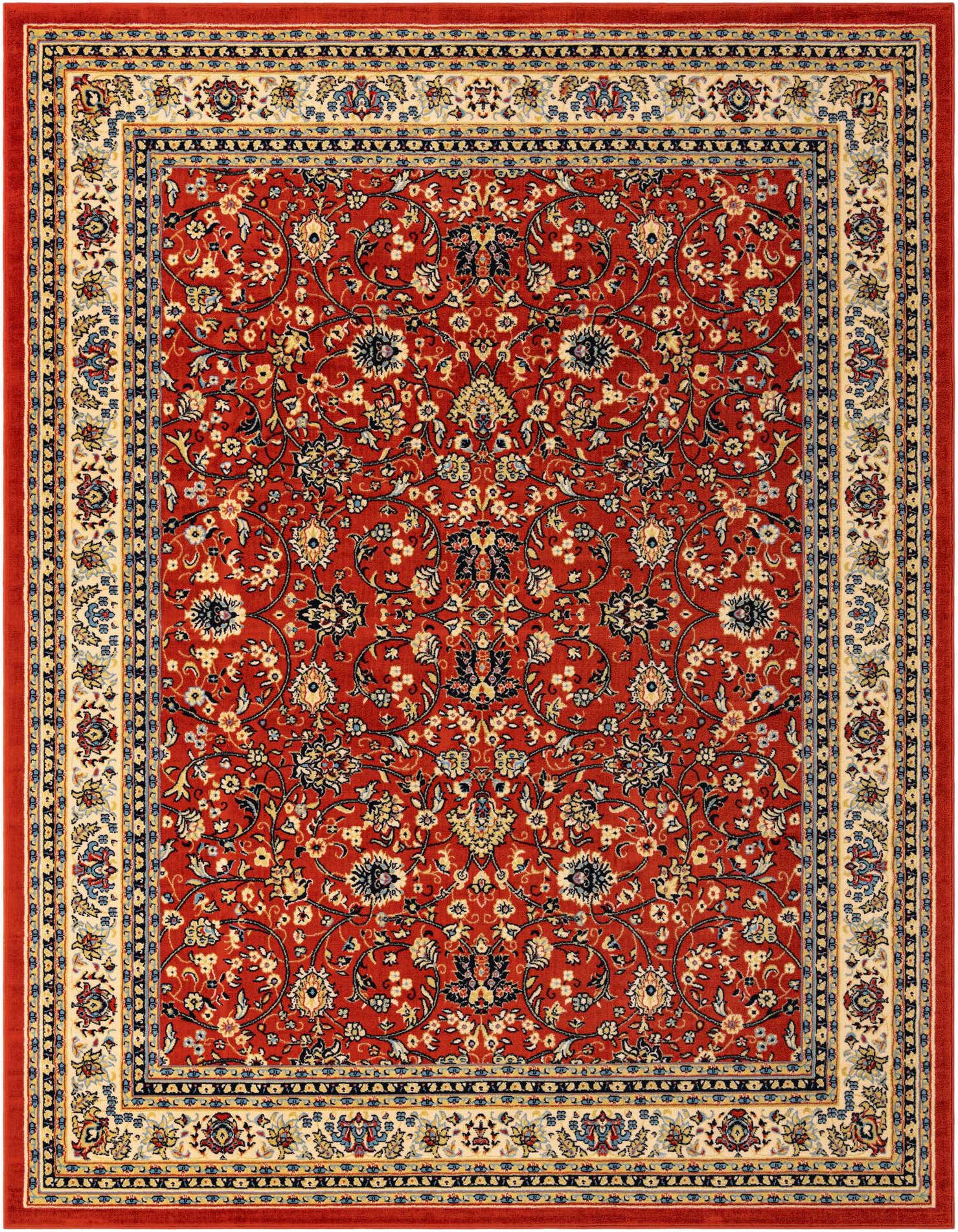 A 10x13 rectangular Yasmin rug featuring a traditional Oriental floral pattern in oranges, reds, and cream.