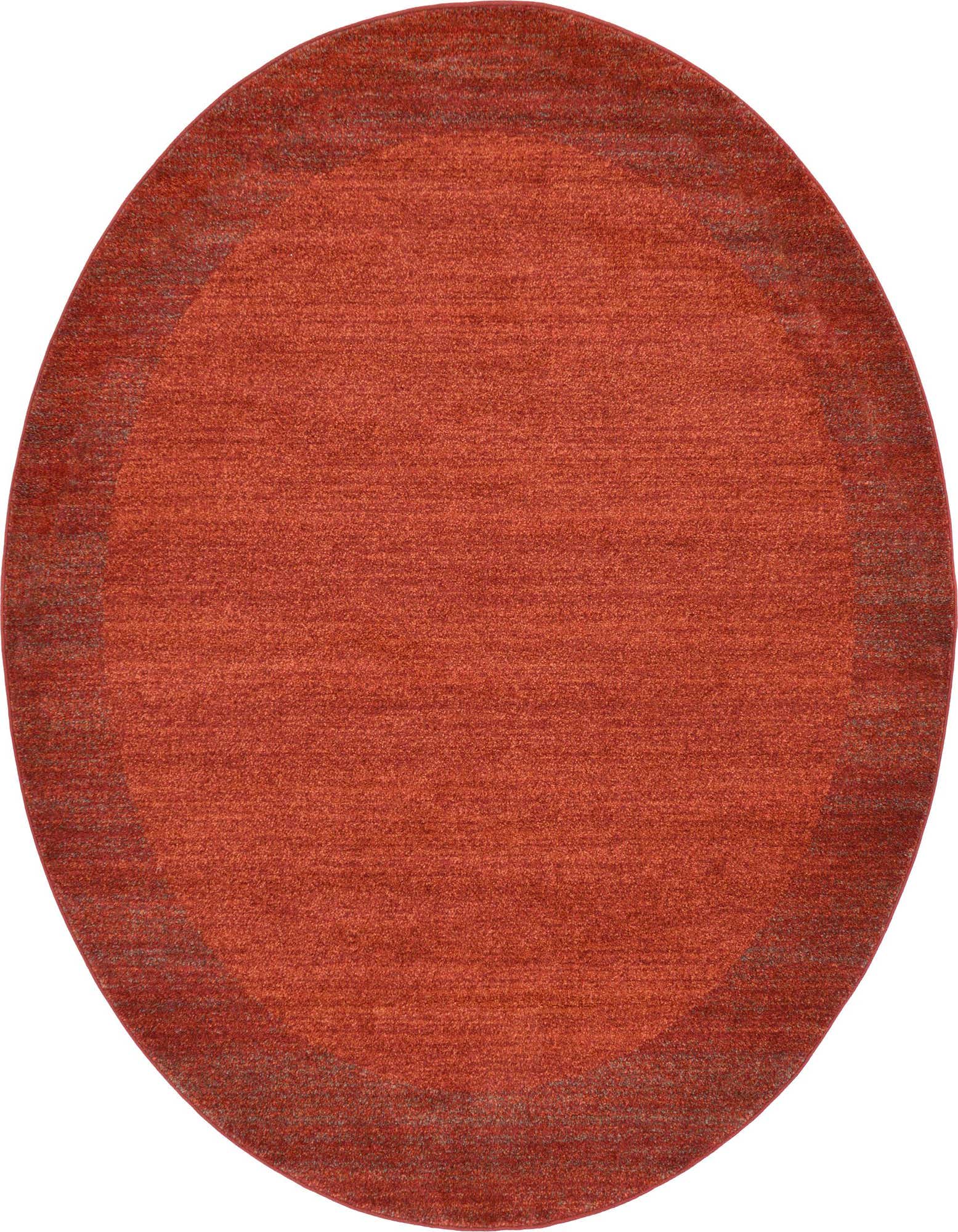 A 7' 10 round orange area rug with a subtle red border, made from polypropylene, suitable for indoor spaces.