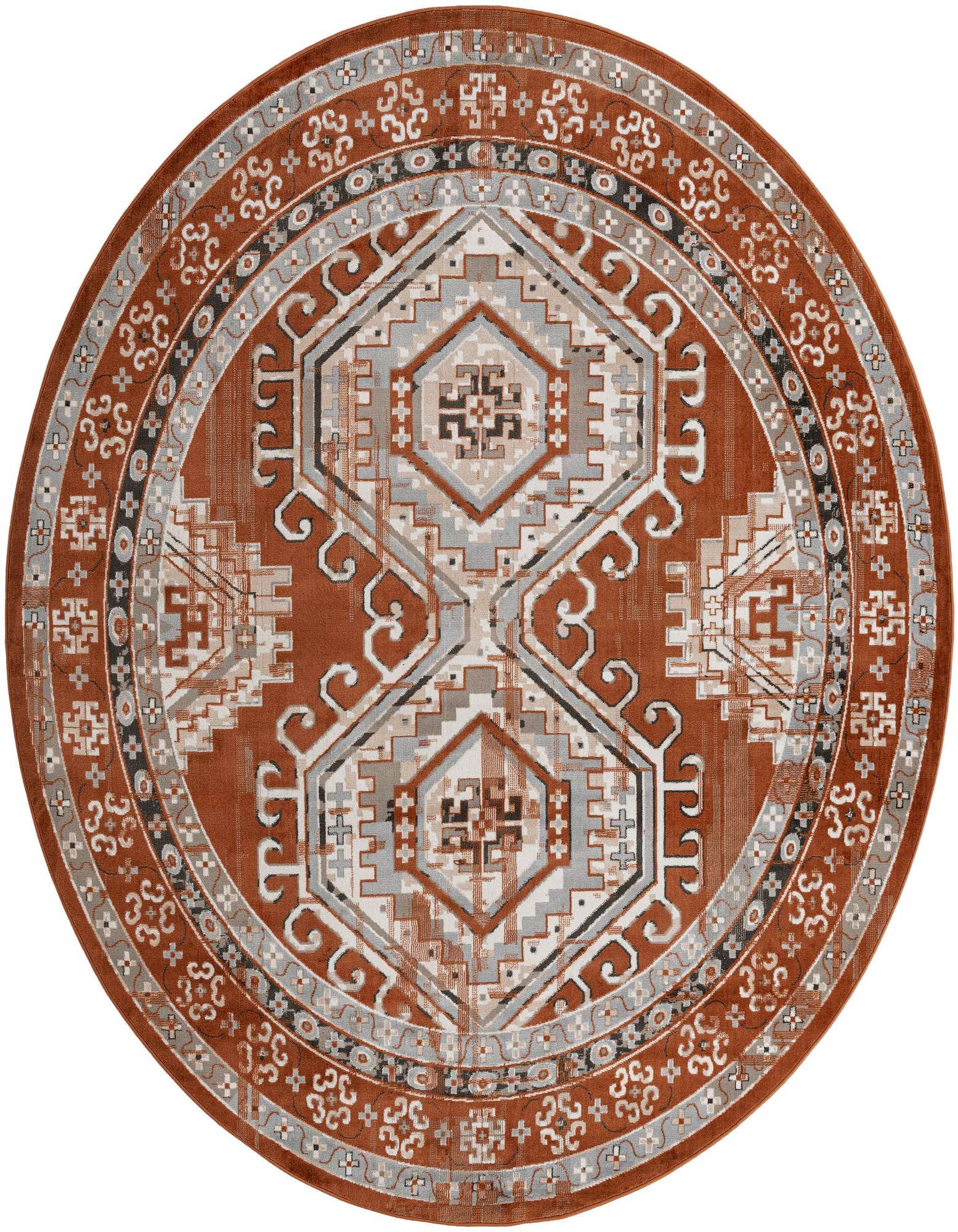 A 10-foot round Southwestern rug with a tribal pattern in shades of orange, red, gray, and beige.