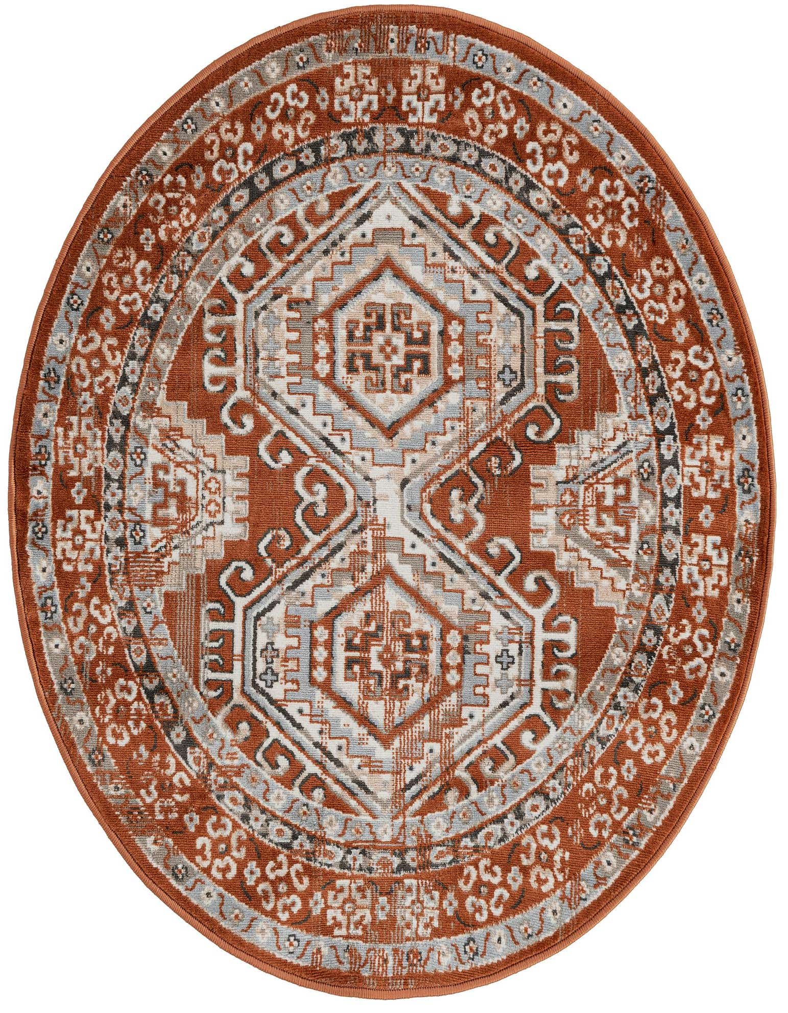 A 4' 1 x 4' 1 round orange Southwestern rug with a detailed geometric and tribal pattern in reds, grays, and whites.