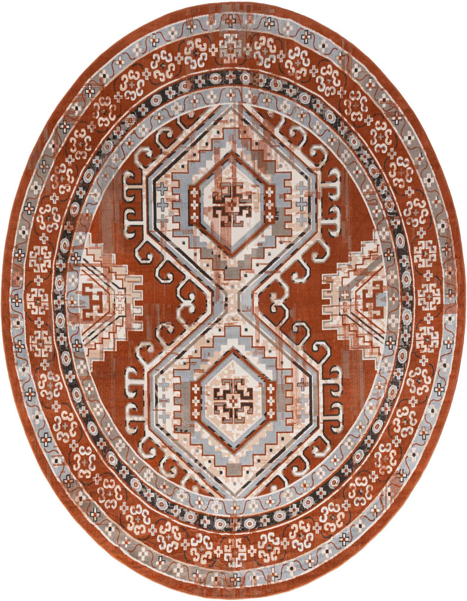A 12' round Southwestern rug in shades of orange, red, grey, and cream, featuring a tribal geometric pattern.