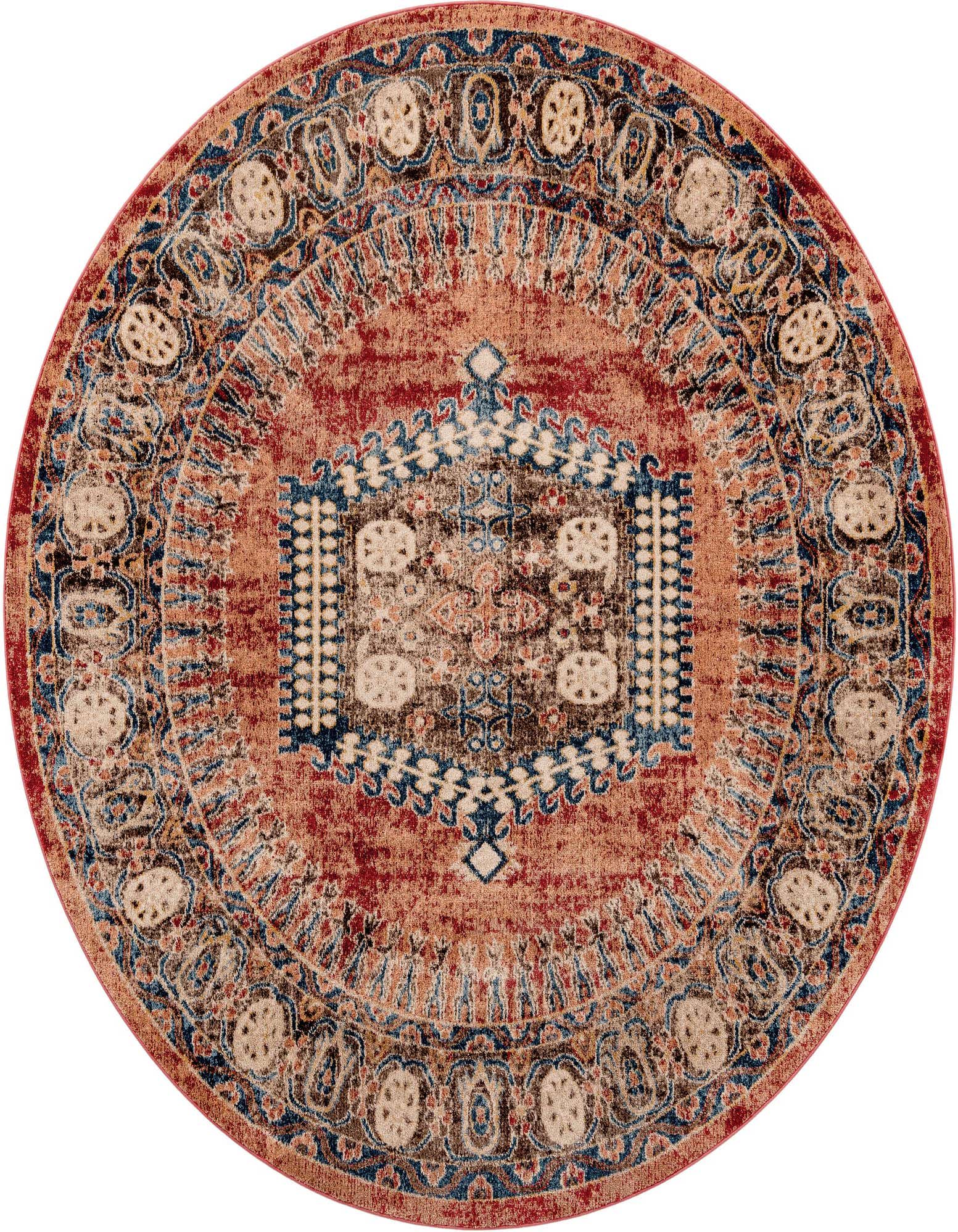 A 7' 10 round transitional rug in shades of orange and red with a distressed medallion and tribal patterns.