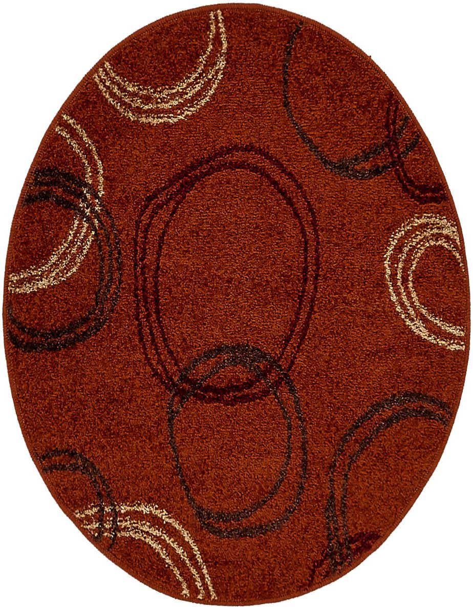 A 3' 3 round orange rug with modern abstract circles in black and beige, suitable for indoor spaces.