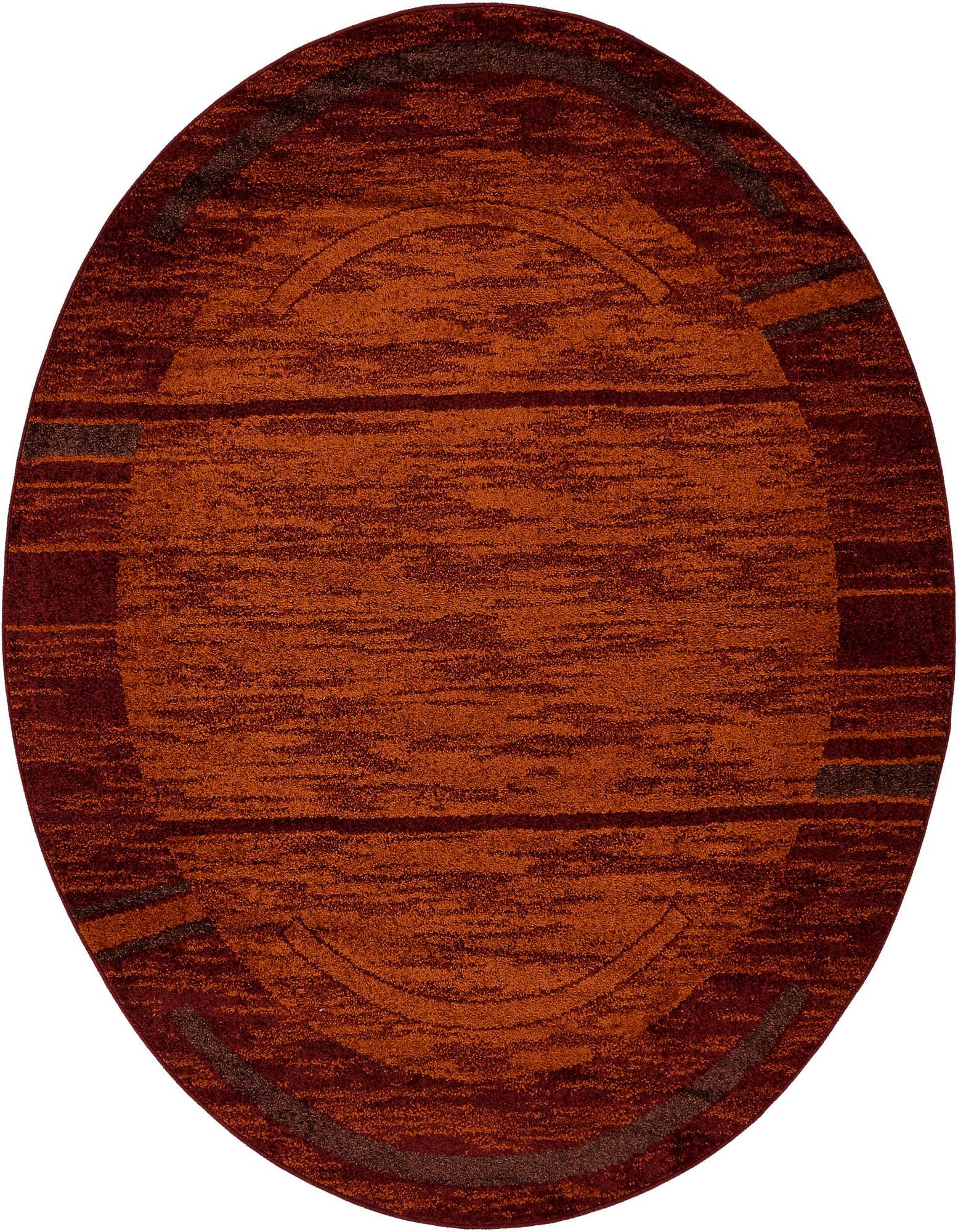 A 7' 10 round modern rug featuring a vibrant orange center with darker red and brown striped borders, suitable for indoor spaces.