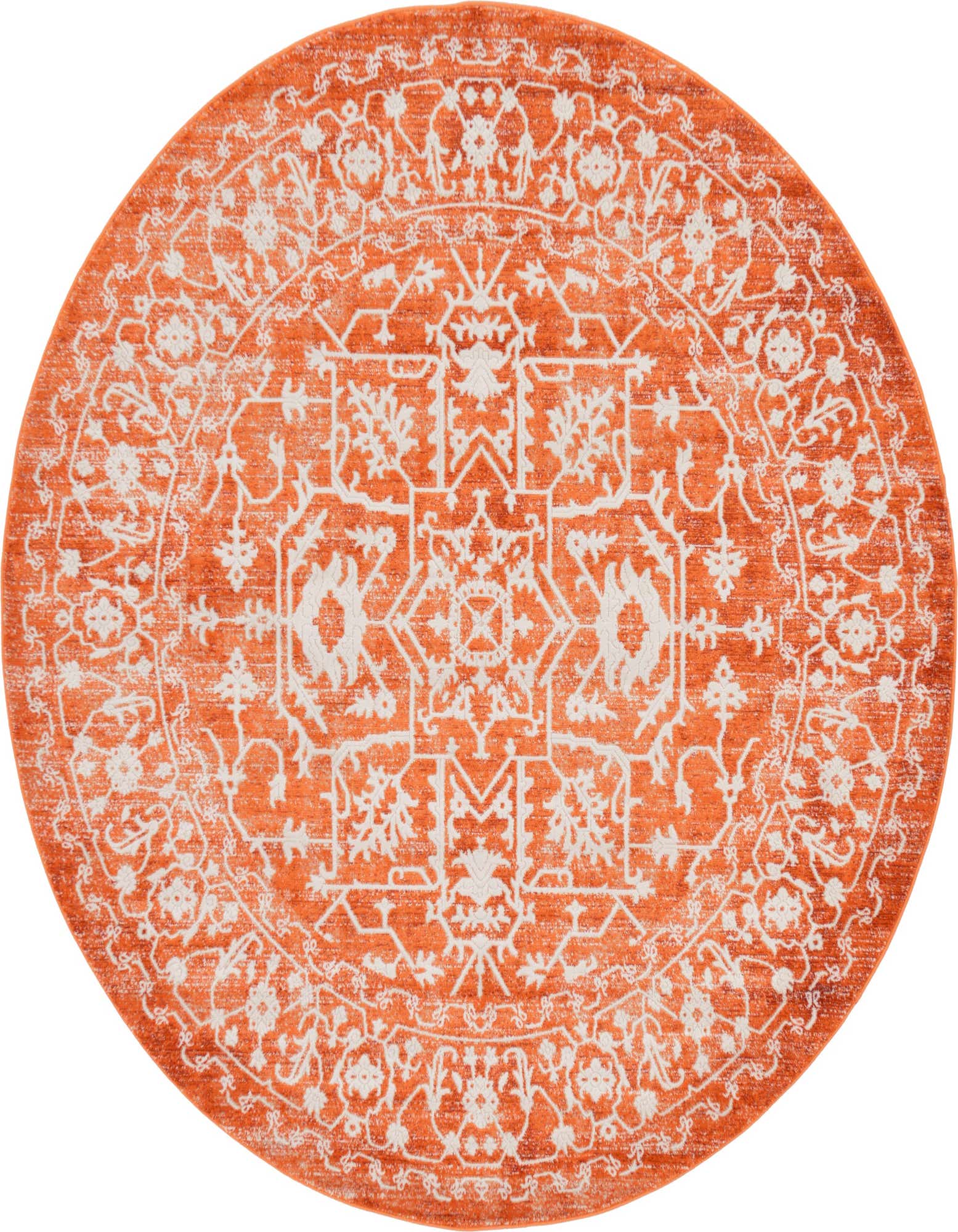 A 6' round orange rug with a distressed white botanical medallion pattern, ideal for adding a vibrant touch to any indoor space.