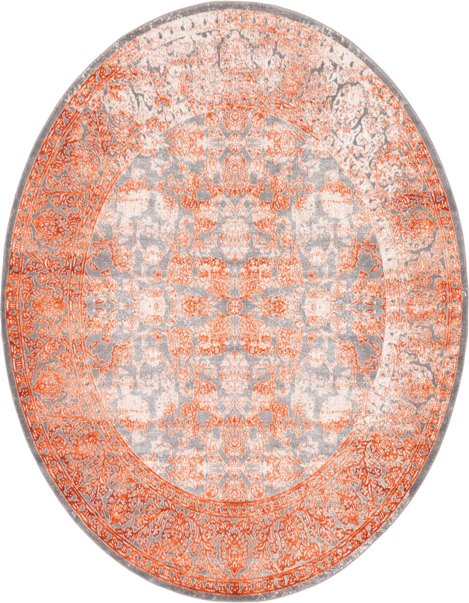A round 8' orange and gray medallion area rug with a distressed traditional pattern and botanical border.