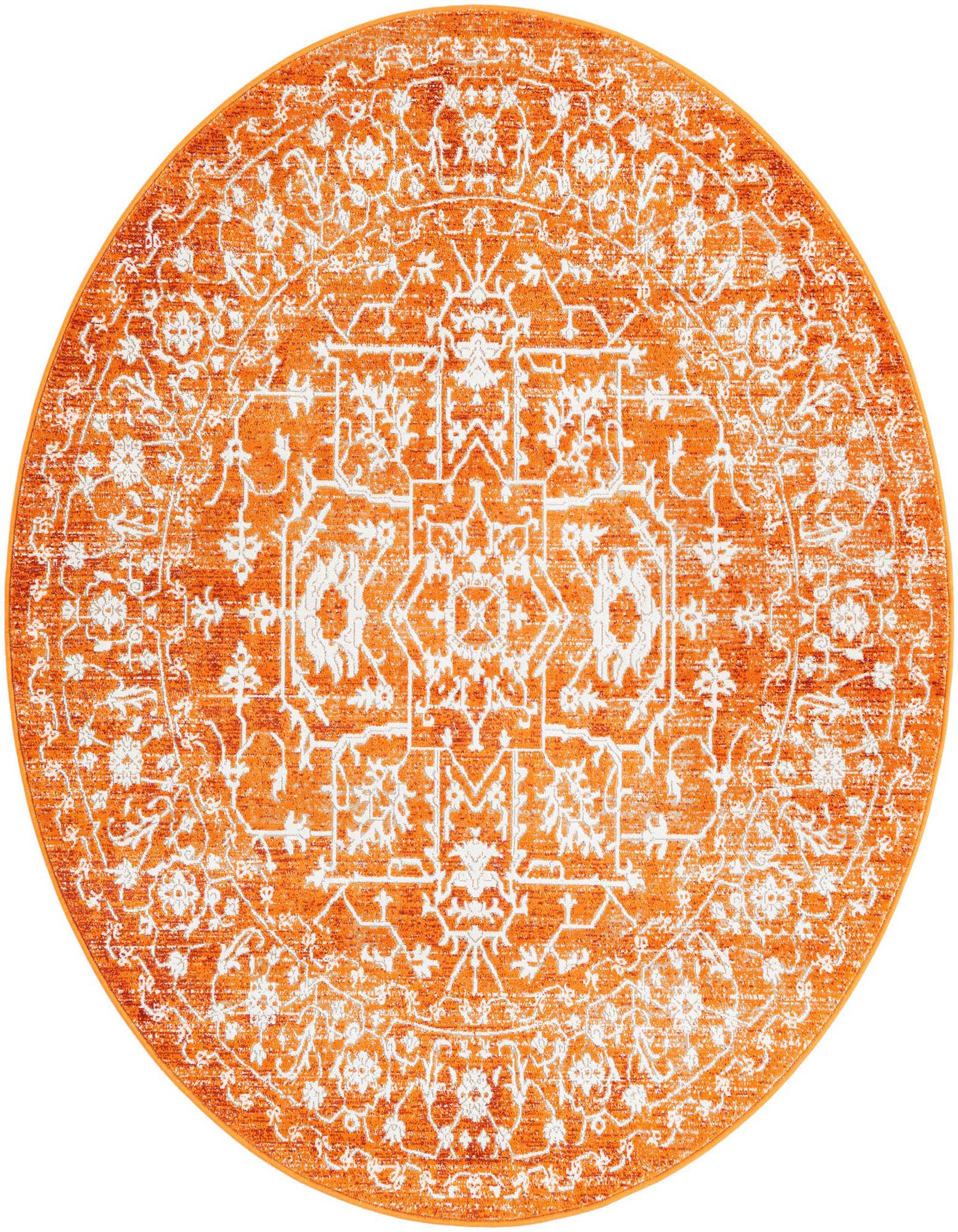 A vibrant 5' 3 round orange and white medallion rug with a distressed botanical pattern, suitable for indoor spaces.