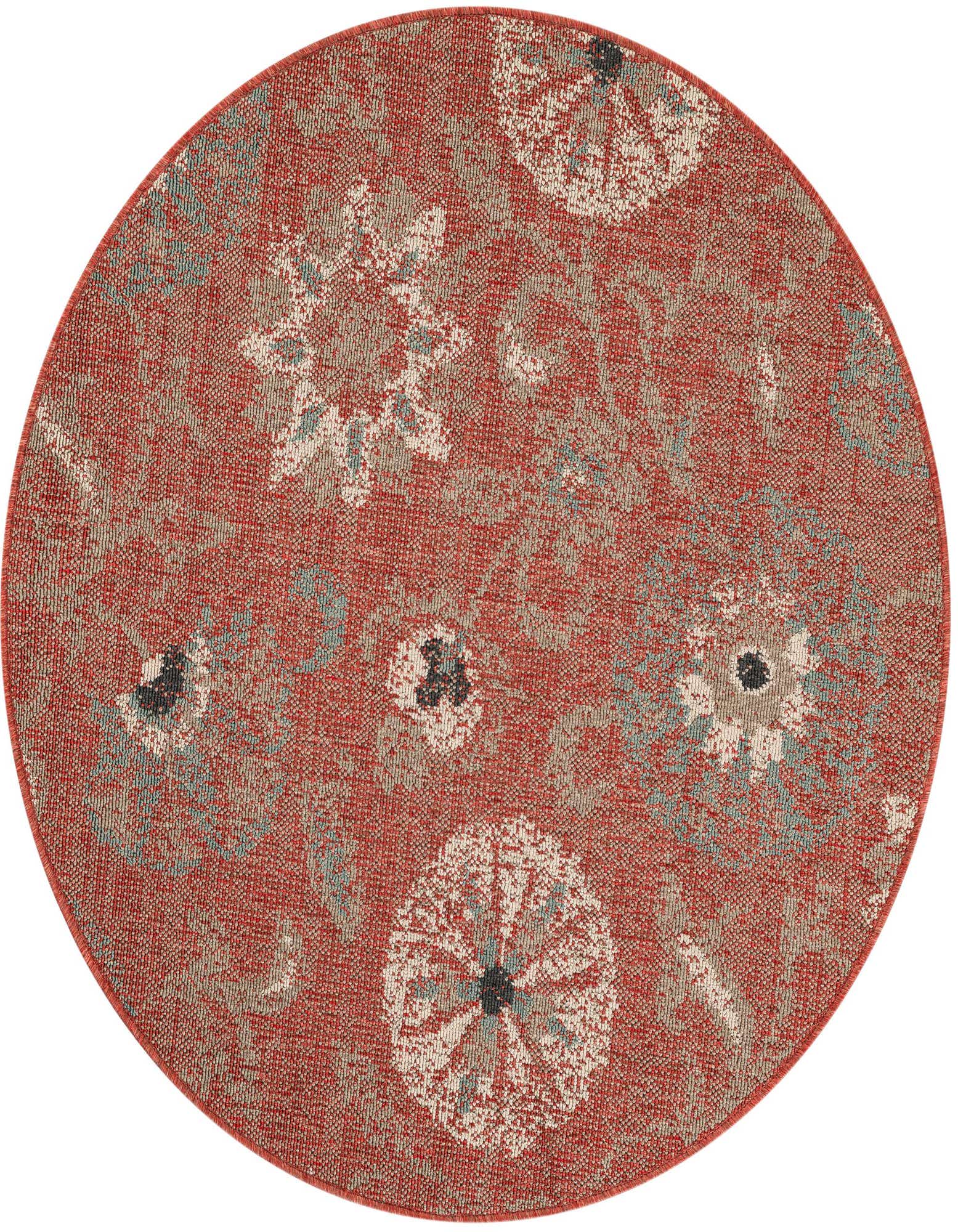 A 4' round orange and red modern rug with a subtle floral pattern, suitable for indoor or outdoor use.