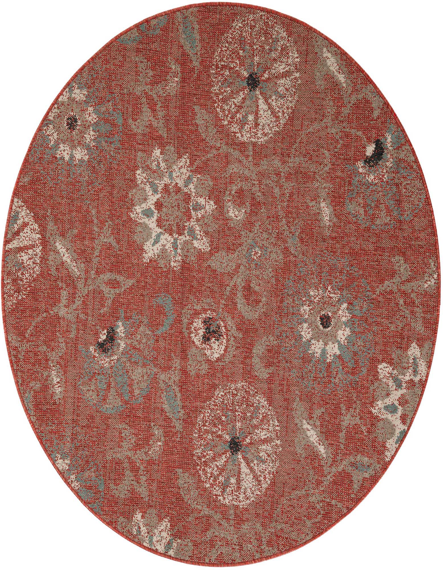 A 6' round orange and red modern botanical rug with a flatweave, suitable for indoor/outdoor use.