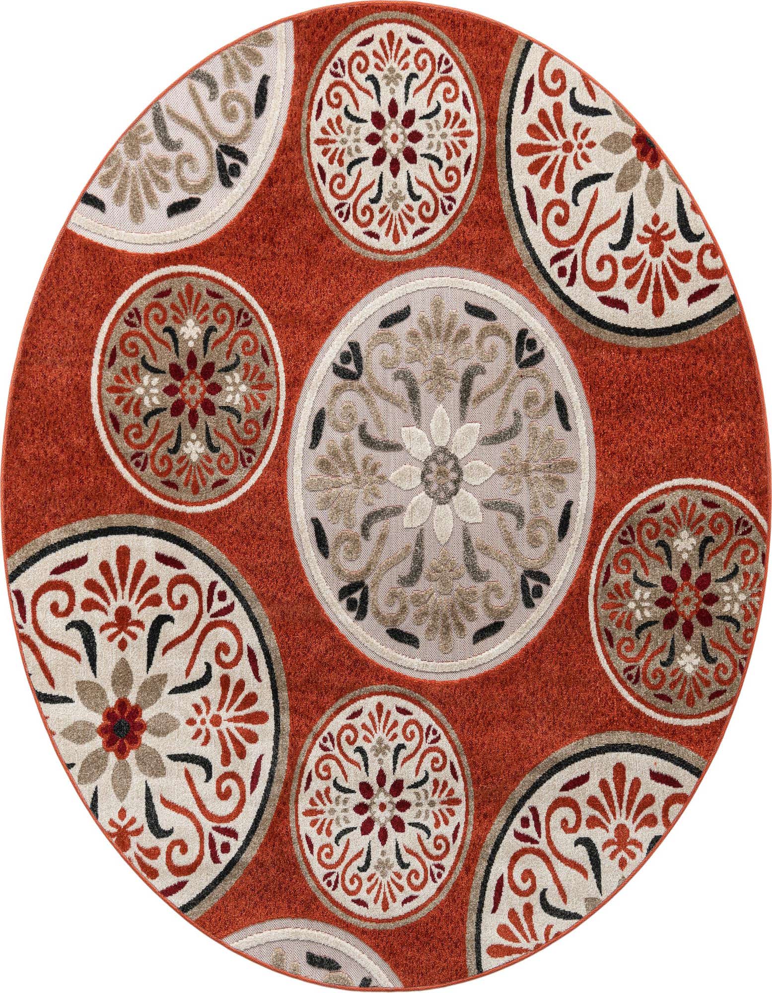 A 7' 1" round orange indoor/outdoor rug with a modern botanical pattern of large and small medallions in red, cream, and black.