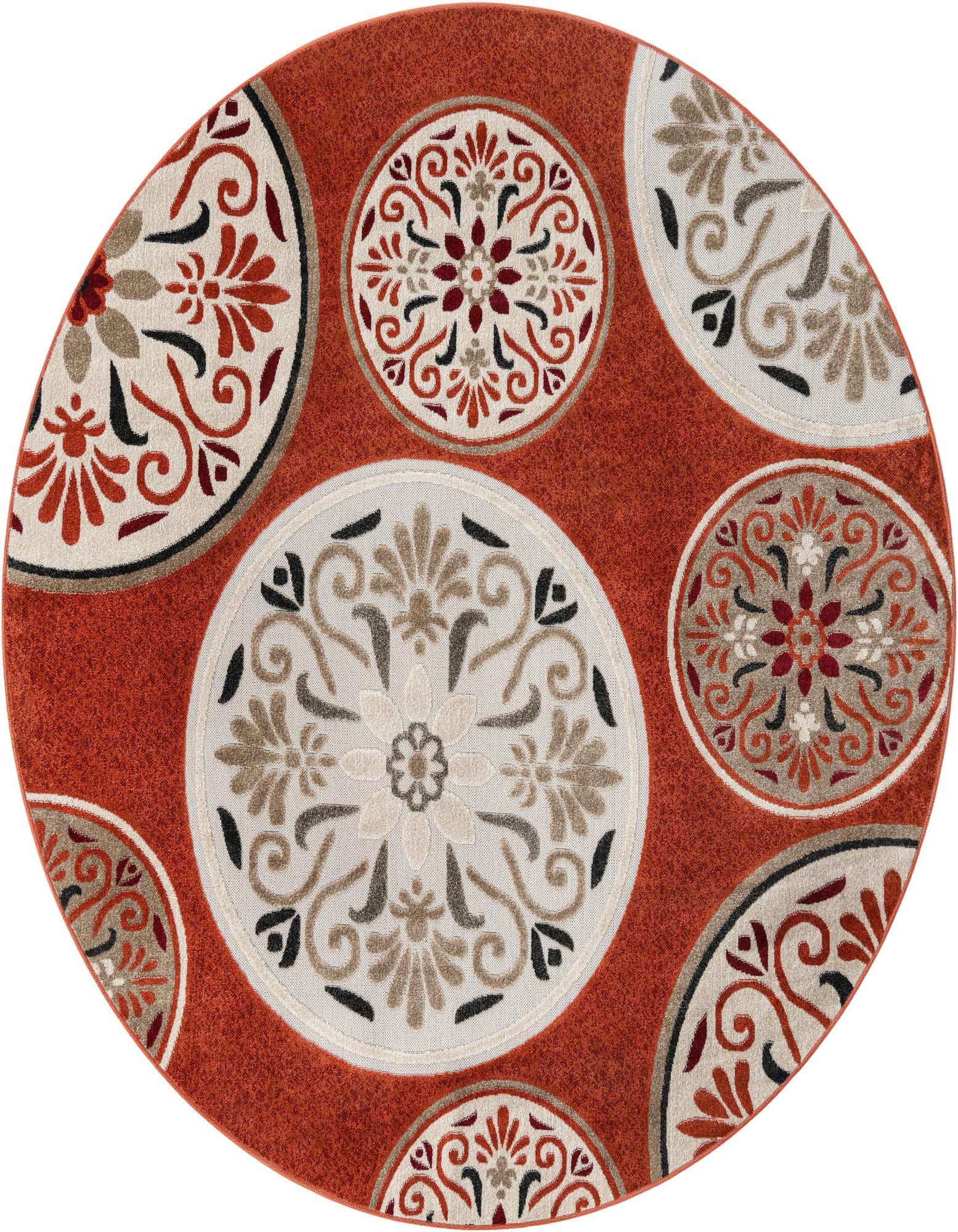 A 7' 10 round orange rug with a modern botanical pattern, featuring large and small light-colored medallions with intricate floral and scroll designs in red, black, and beige.