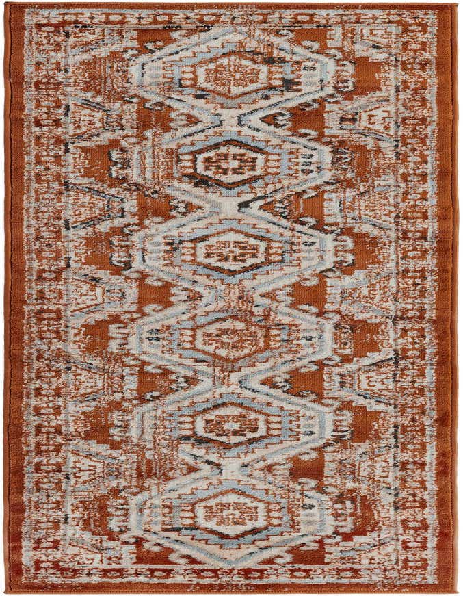 A 6 ft runner rug featuring a distressed traditional tribal pattern in shades of rust orange, cream, light blue, and black.
