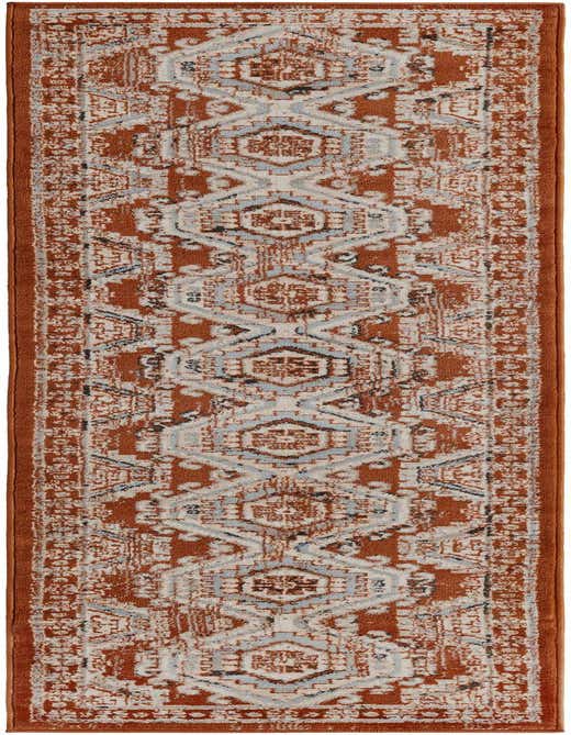 An 8 ft runner rug in a traditional tribal pattern with dominant rust orange, cream, and light blue colors, perfect for a hallway or kitchen.