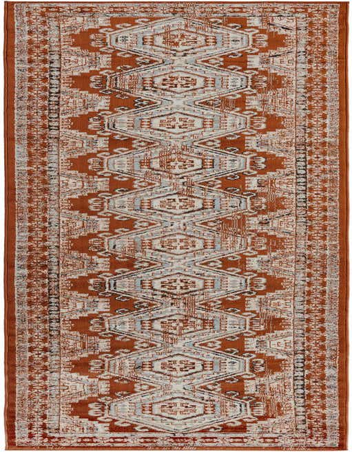 A 13 ft runner rug in shades of orange and red, featuring a distressed traditional tribal pattern with cream and light blue accents, ideal for a hallway.