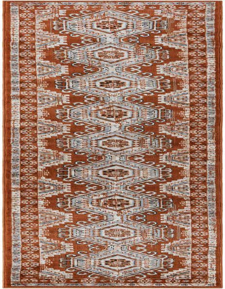 A 12 ft runner rug in shades of orange and red with a Southwestern tribal pattern, ideal for a hallway.