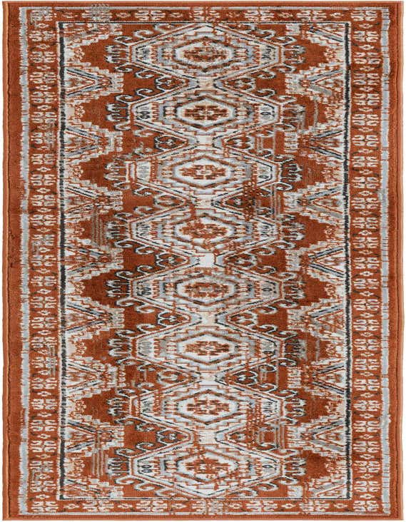 A 7 ft runner rug in shades of orange, red, and white, featuring a Southwestern tribal pattern, ideal for a hallway.