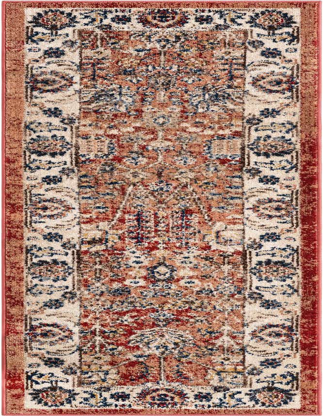 A 6 ft runner rug featuring a distressed traditional floral pattern in shades of orange, red, and navy blue on a cream background.
