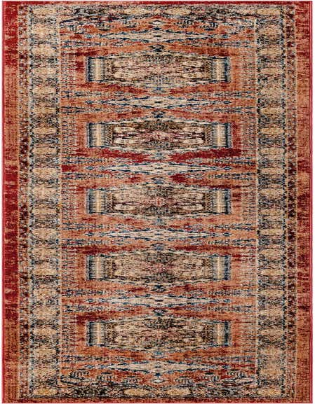 A 12 ft runner rug with a distressed transitional pattern in oranges, reds, and blues, ideal for a hallway.