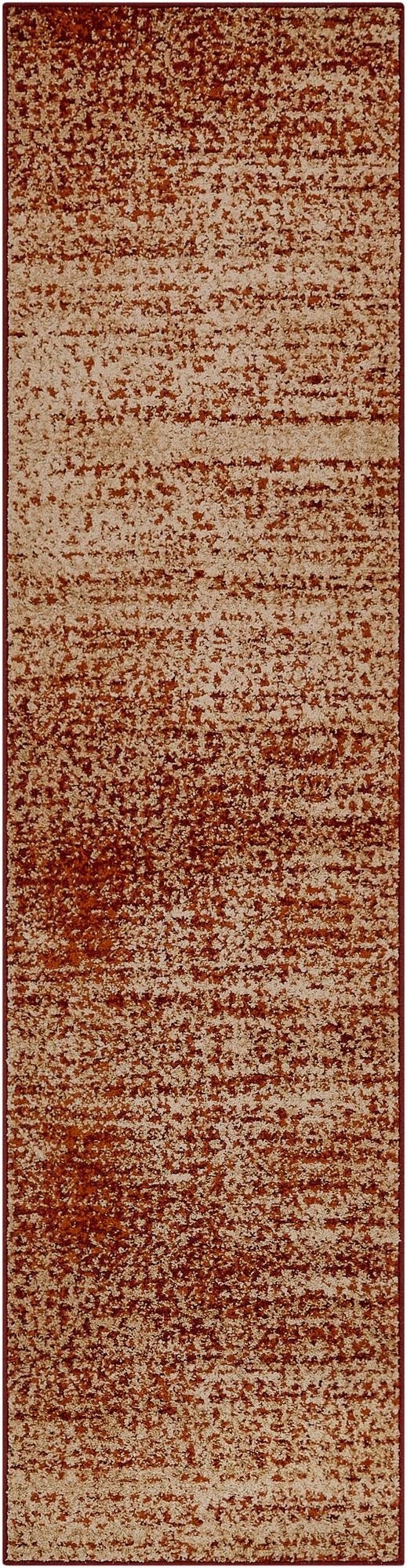 A 10 ft runner rug in a modern abstract pattern with mottled shades of orange and red, ideal for a hallway.