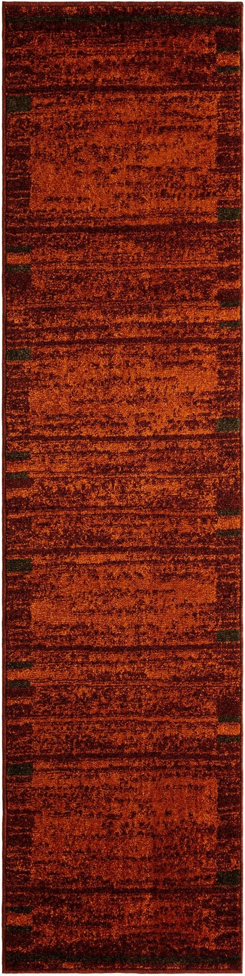 An 8 ft runner rug in a modern stripe pattern, featuring shades of orange and red, ideal for a hallway or kitchen.