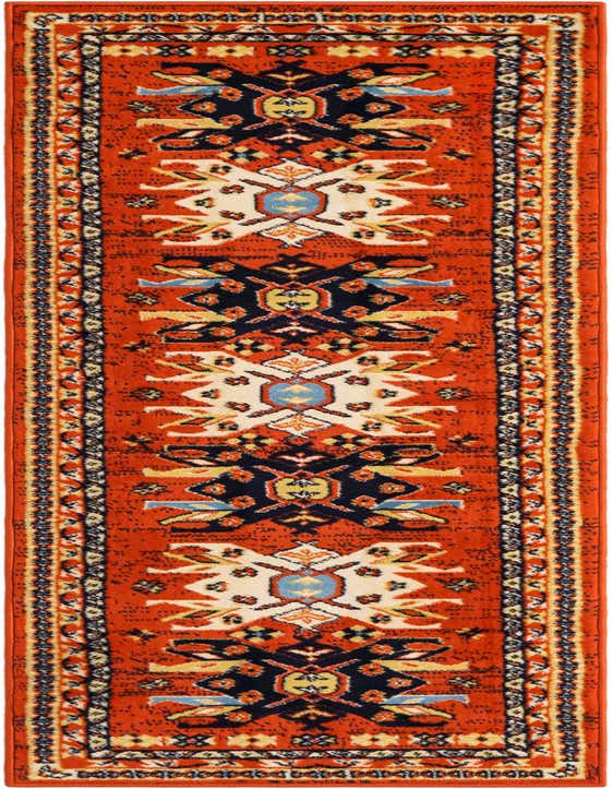 An 8 ft runner rug featuring a traditional Southwestern tribal medallion pattern in oranges, reds, navy, cream, and gold.