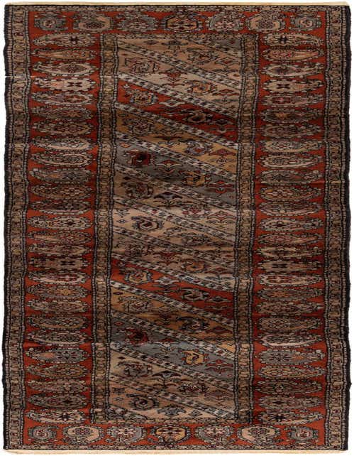 A 10 ft runner rug in orange and red with an intricate Oriental pattern, featuring a central striped design and paisley borders.
