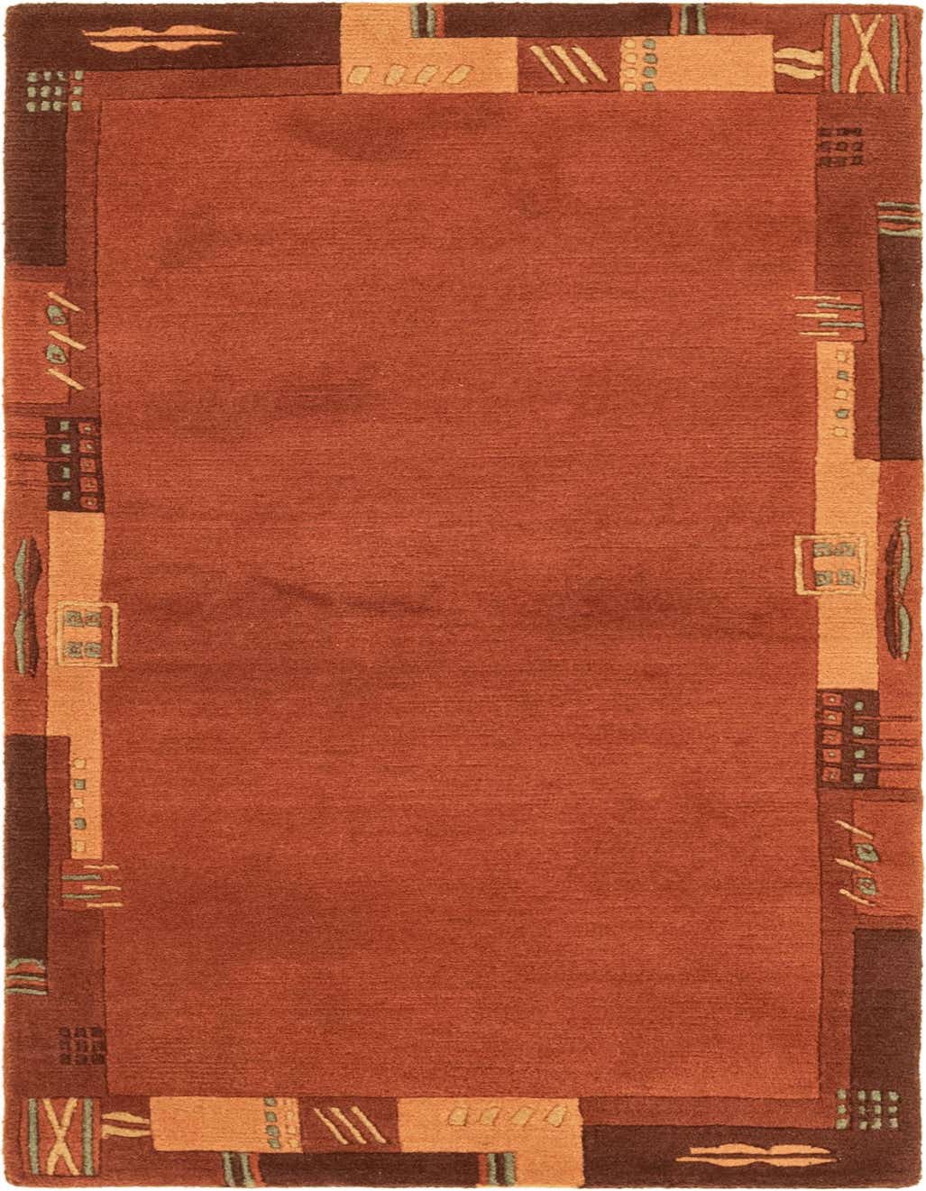 A 5 ft runner rug in shades of orange and red with a modern abstract border, perfect for a hallway.