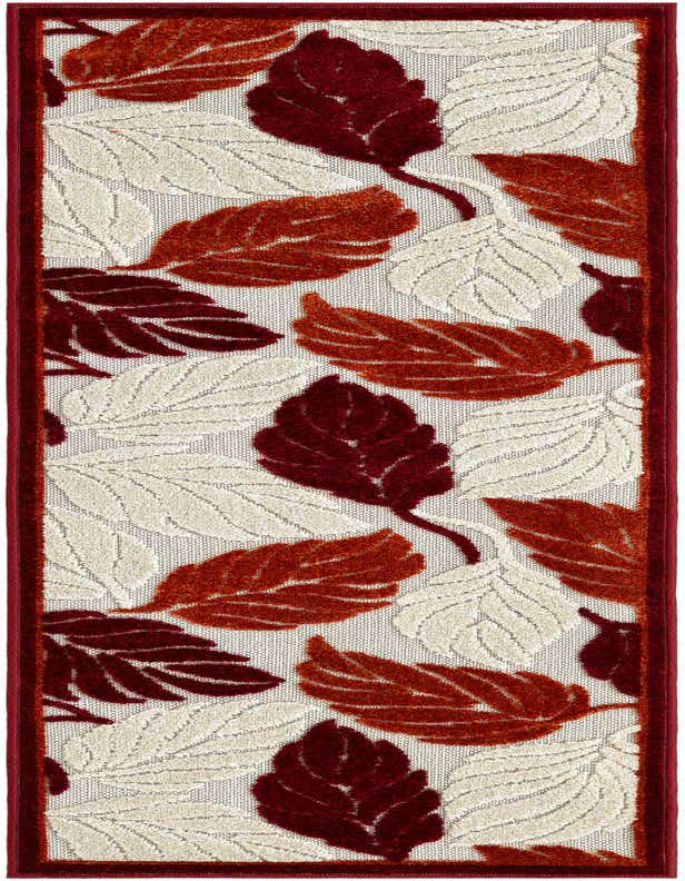 A 6 ft runner rug featuring a botanical pattern of red, orange, and cream leaves with a dark red border, suitable for a hallway or patio.