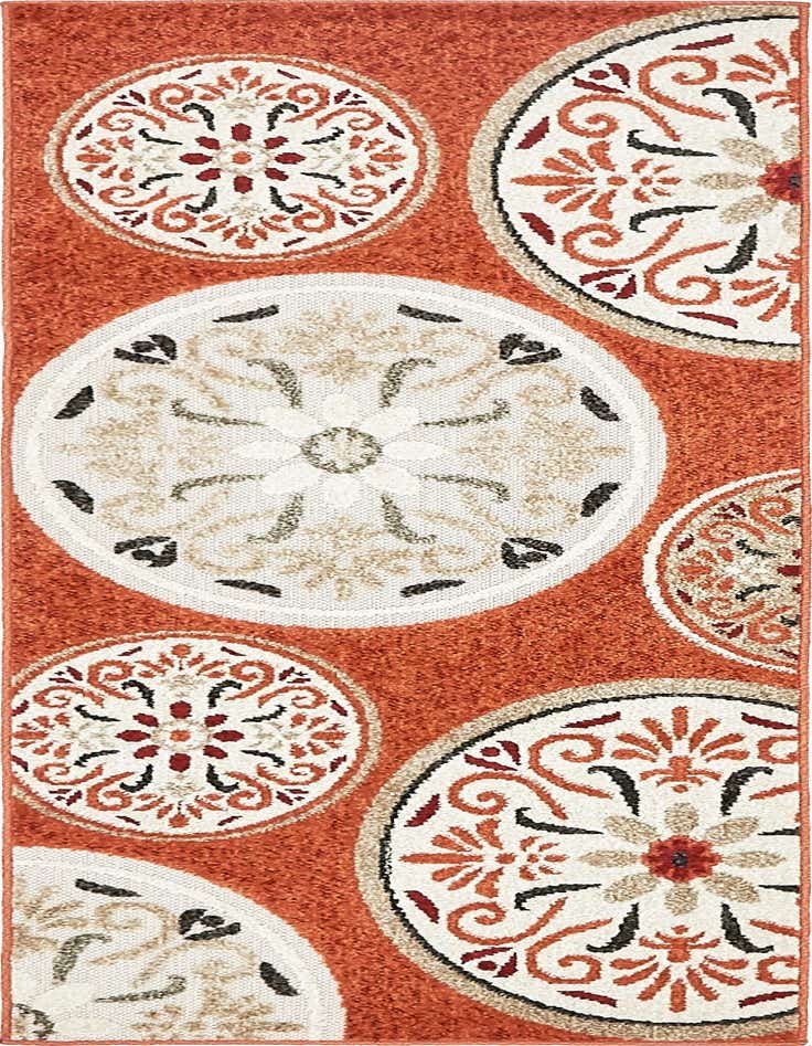 A 6 ft runner rug featuring a vibrant orange background with large, cream-colored medallions in a traditional floral and botanical pattern.
