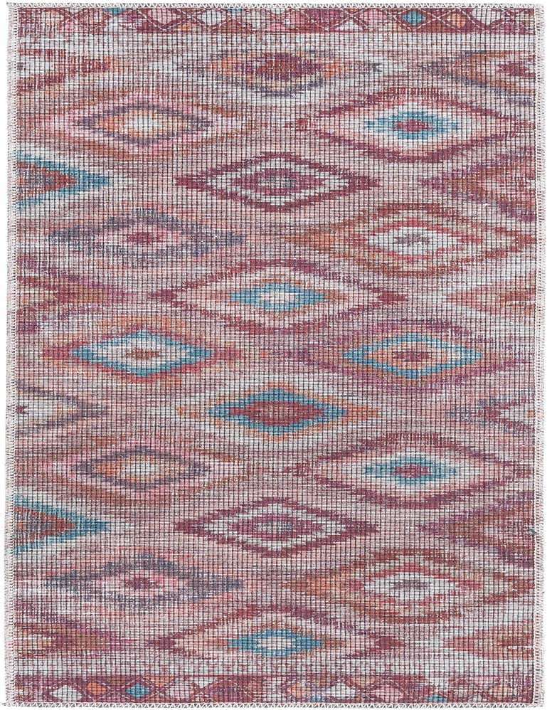 A 5 ft runner rug featuring a faded Southwestern tribal pattern in oranges, reds, and teal on a light background, ideal for a hallway.