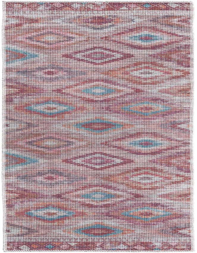 A 6 ft runner rug featuring a distressed Southwestern pattern in oranges, reds, and teal on a flatweave texture.
