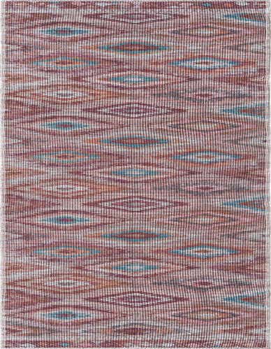 A 10 ft runner rug with a Southwestern, tribal pattern in oranges, reds, and teal on a light background, perfect for a hallway.