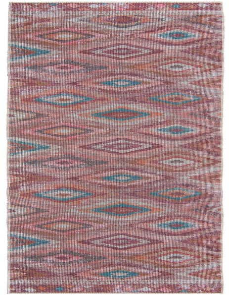 A 12 ft runner rug with a faded Southwestern pattern in oranges, reds, and teal, ideal for a hallway.