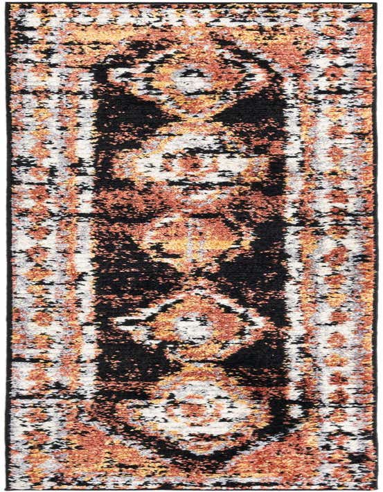 A long 8 ft runner rug featuring a distressed Southwestern tribal pattern in shades of orange, red, black, and white, ideal for a hallway.