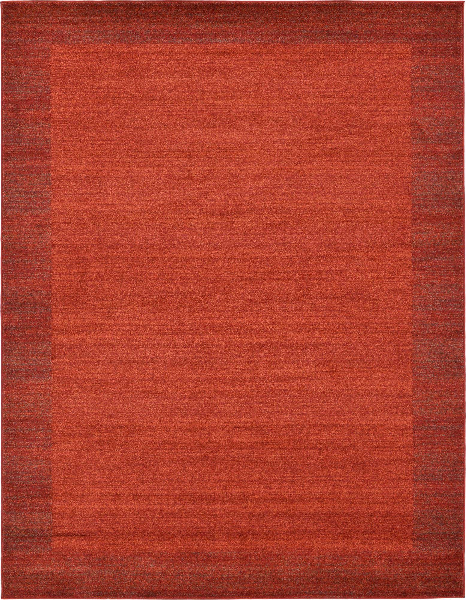 A 7' 10 x 7' 10 square orange and red area rug with a subtle border, ideal for a contemporary living space.
