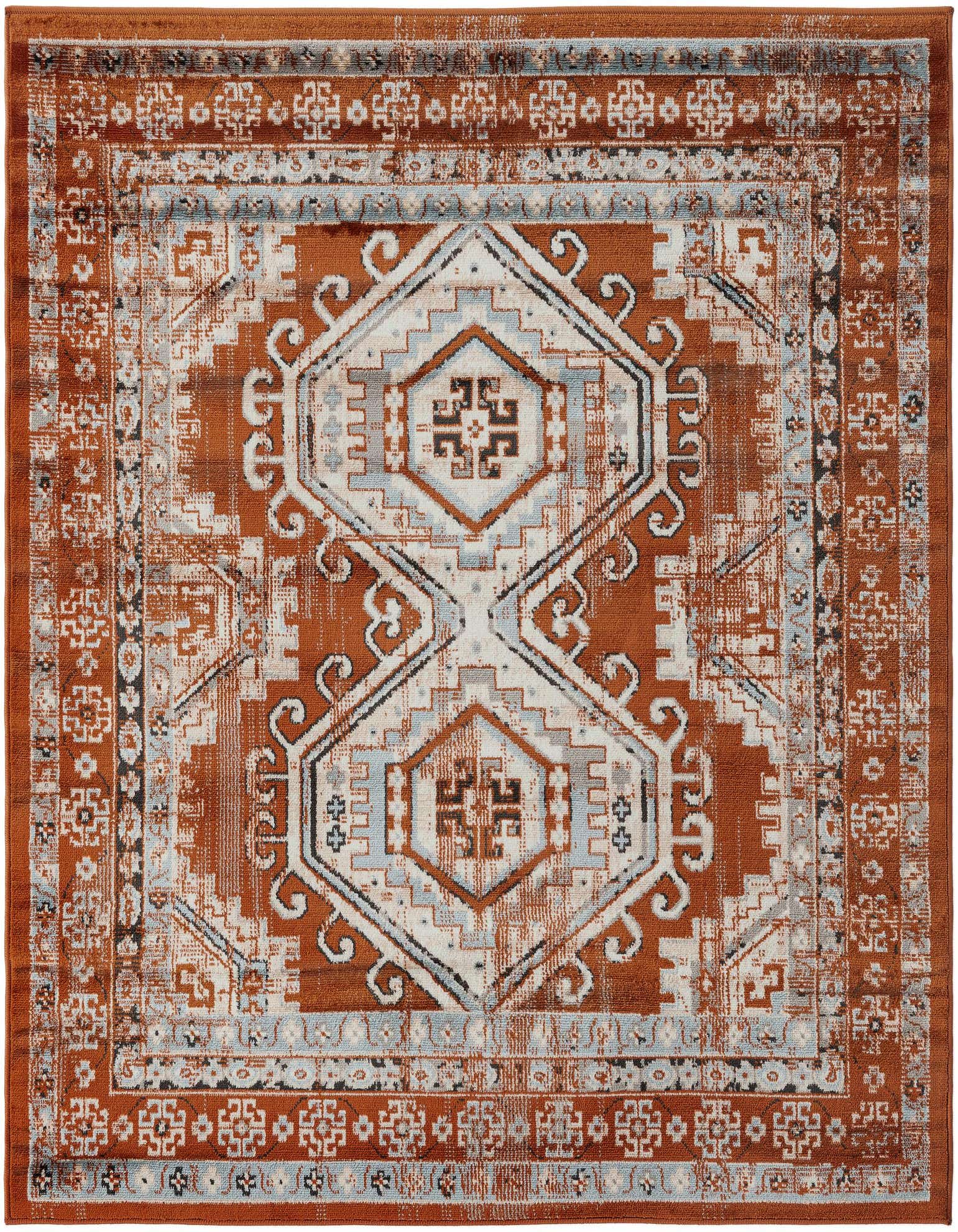 A 5'3" x 5'3" square Charlotte rug featuring a distressed traditional tribal pattern in shades of orange, red, and light blue.