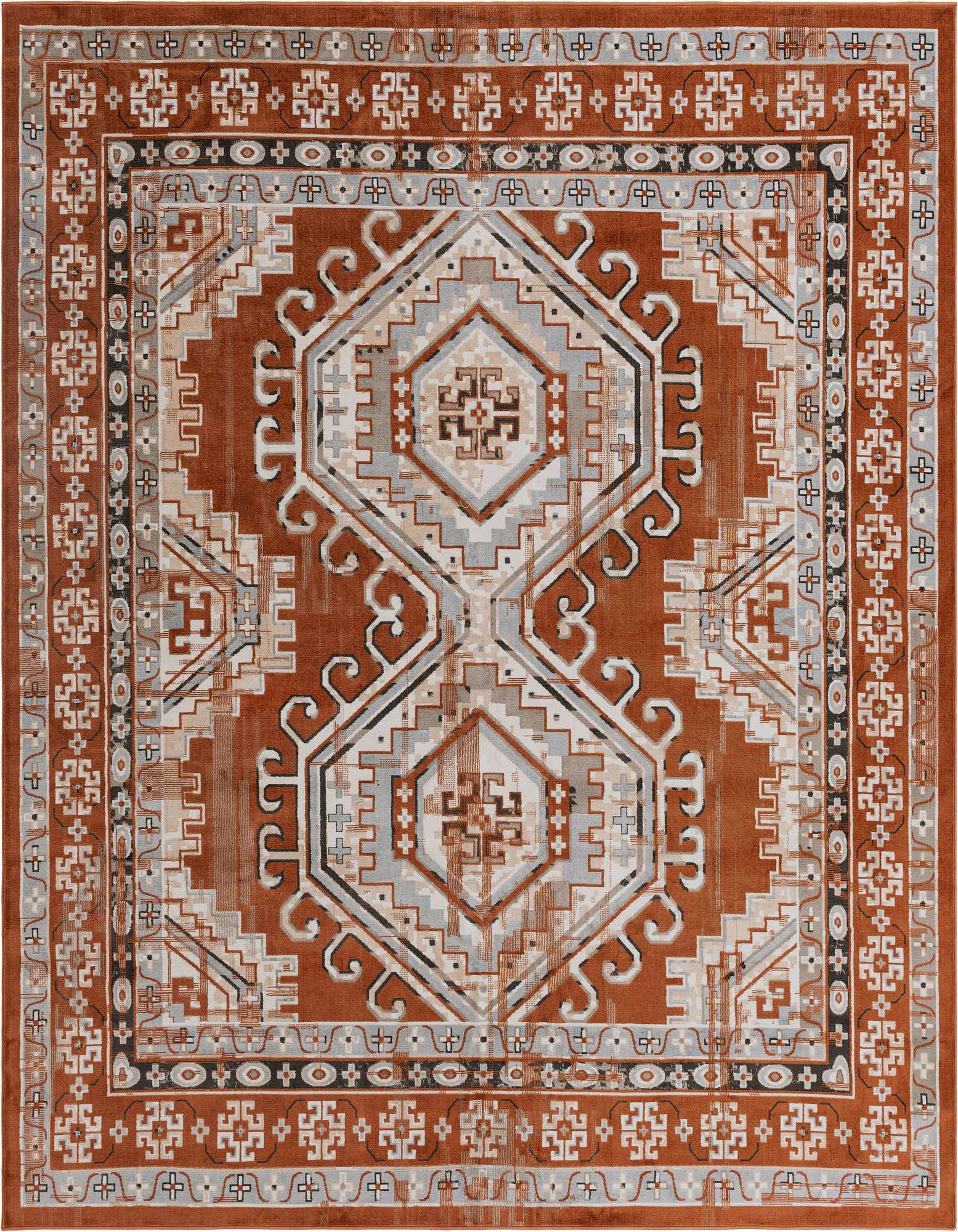 A 12'x12' square Southwestern rug in shades of orange, red, grey, and white with tribal geometric patterns and a decorative border.