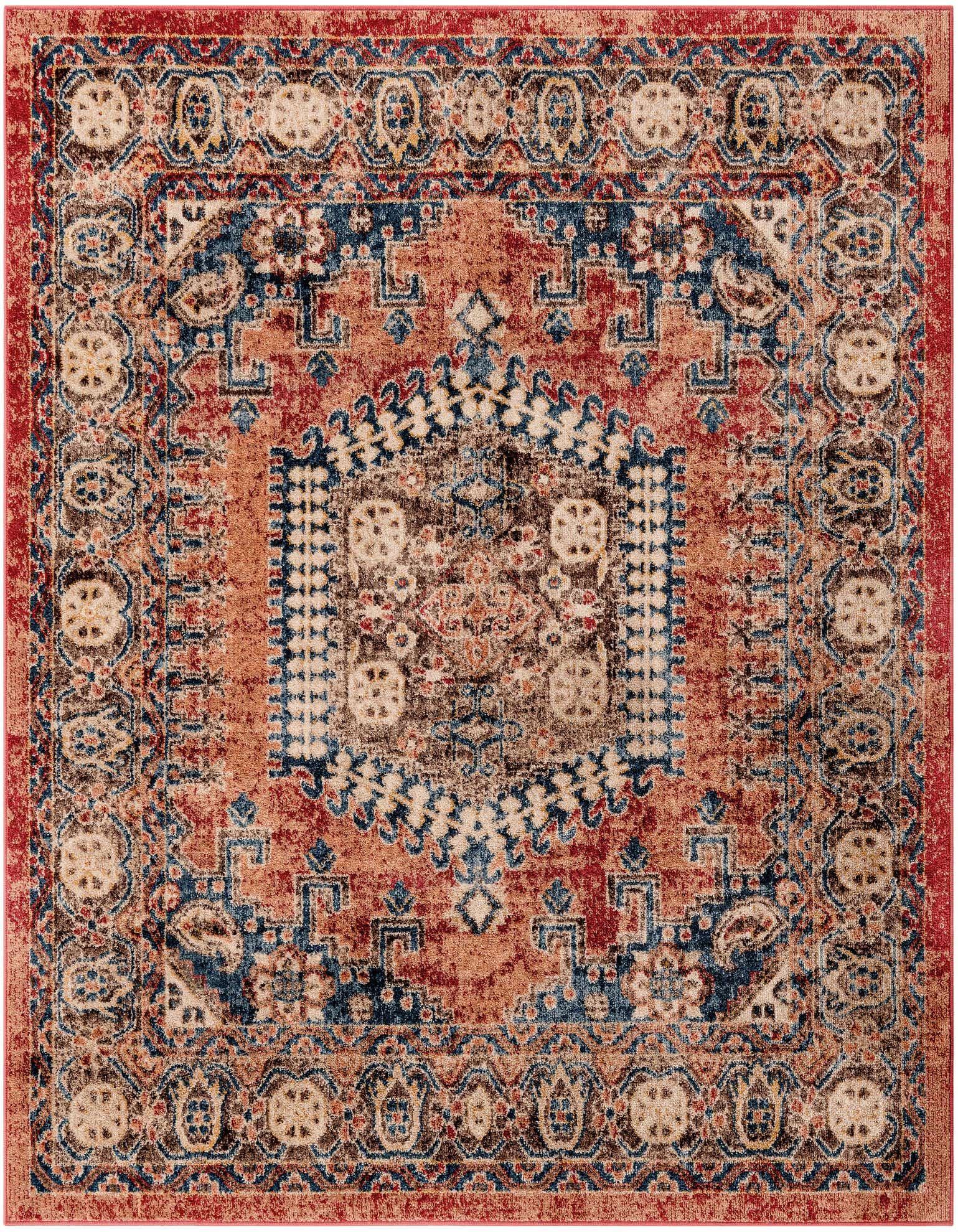A square 6'x6' Eden collection rug by Rugs.com, featuring a distressed traditional medallion pattern in shades of orange, red, and blue.