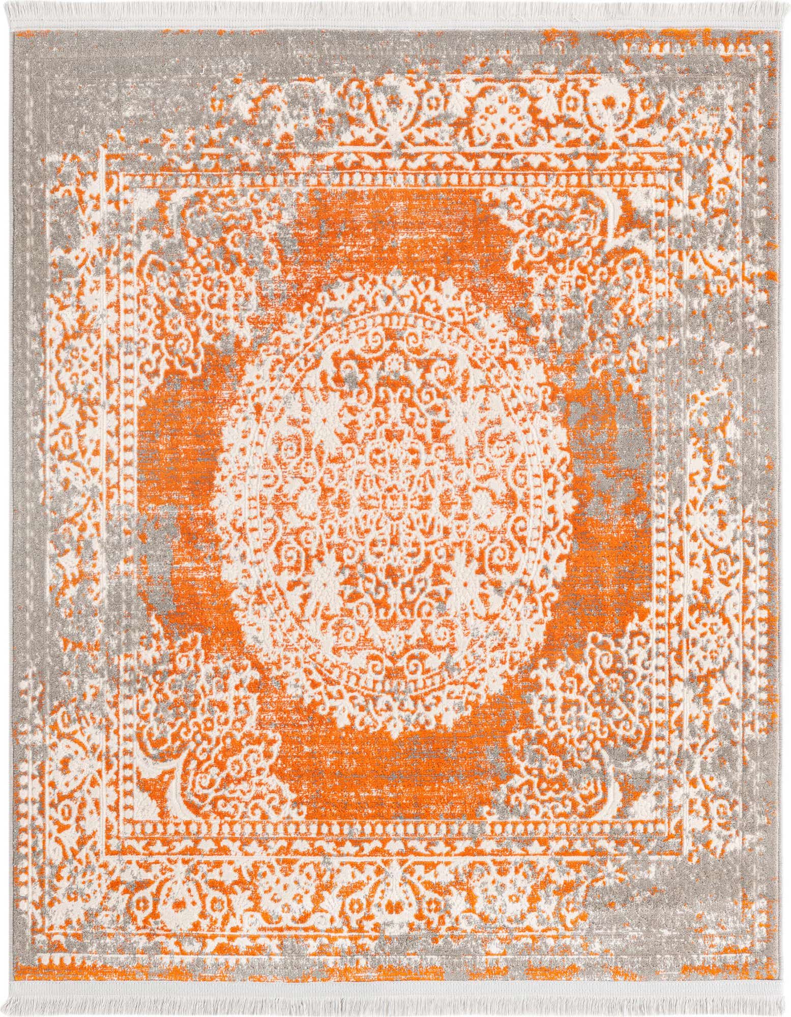 A 4x4 square orange and grey area rug with a distressed traditional medallion pattern and fringe.