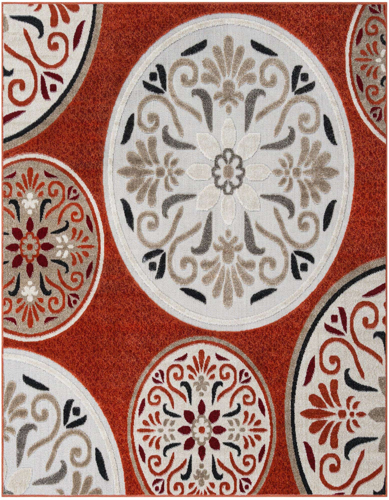 A 6'x6' square orange indoor/outdoor rug with large white circles featuring intricate botanical and scroll patterns in red, black, and beige.