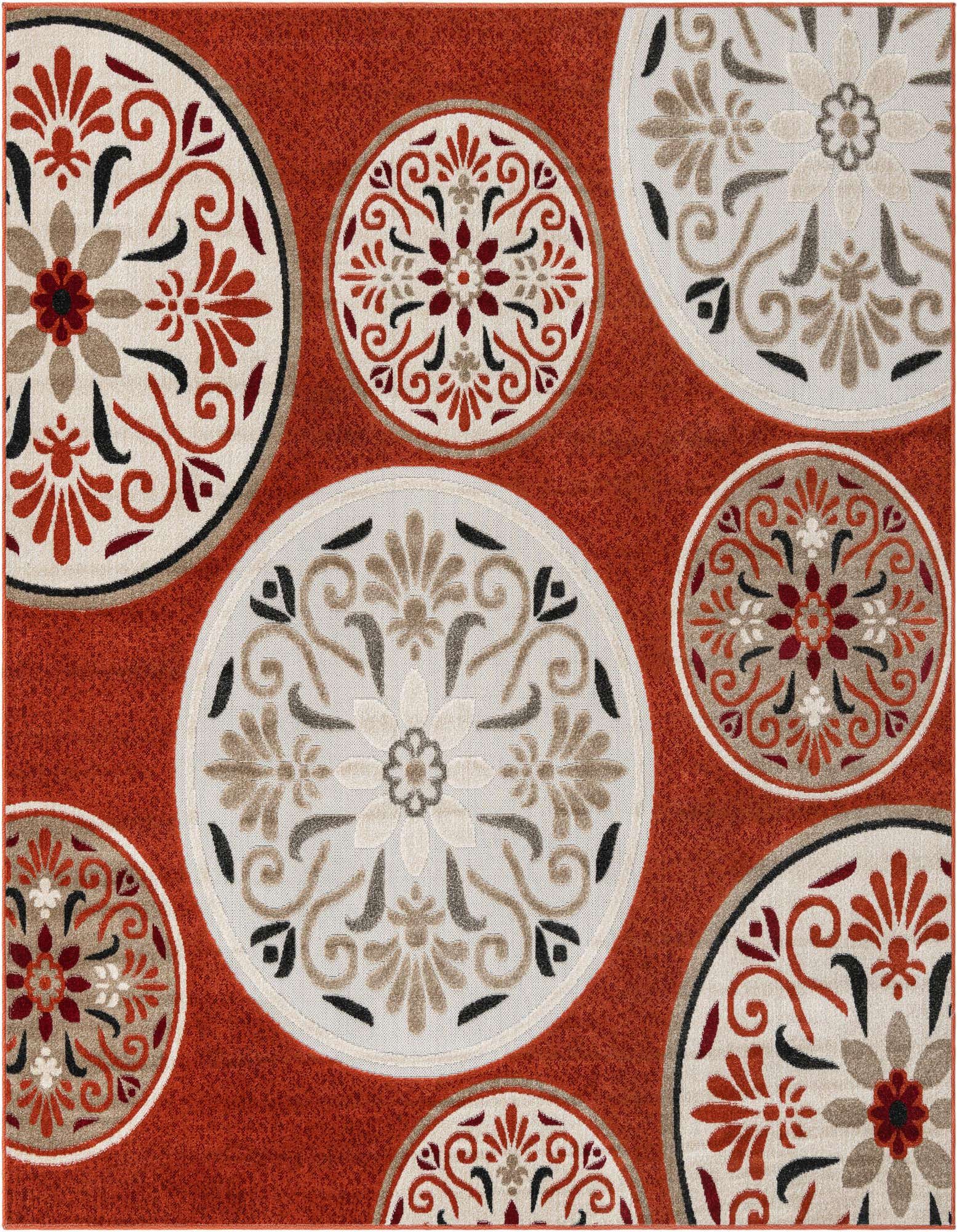 A vibrant orange square outdoor rug featuring large and small cream, red, and brown botanical medallion patterns.