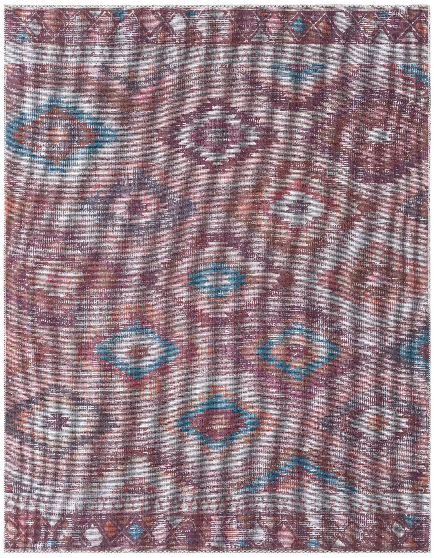 A 7' 3 x 7' 3 square Sisu rug featuring a distressed Southwestern tribal pattern in oranges, reds, and blues.