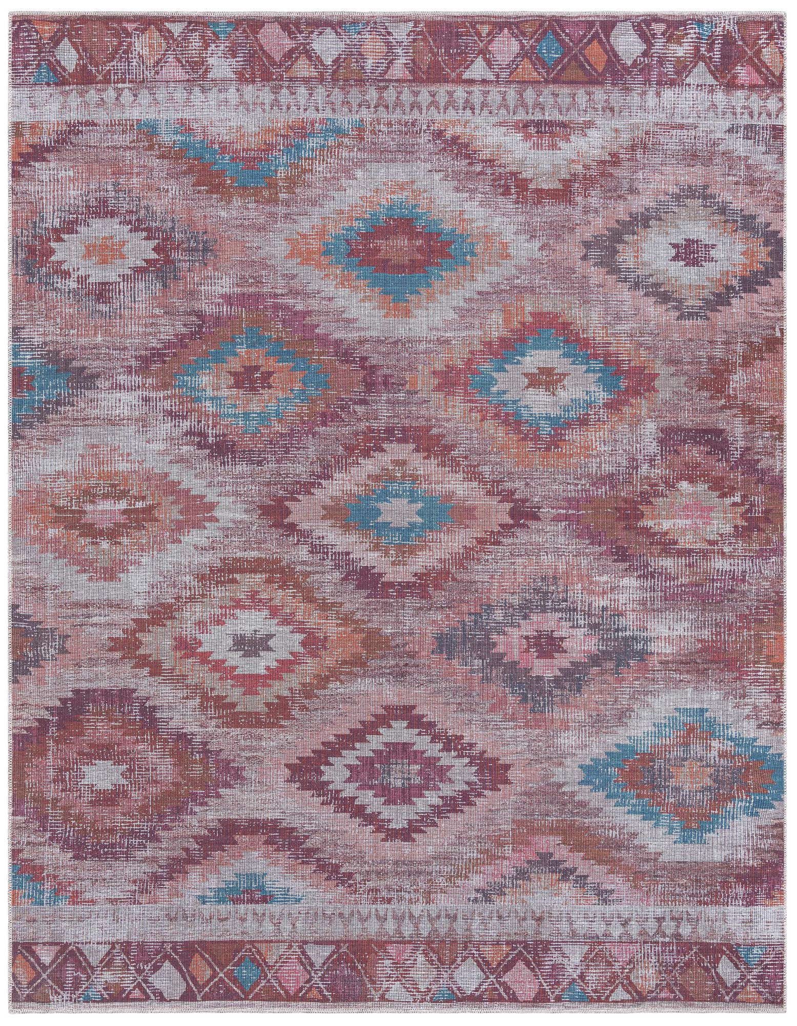 A 7' 10 x 7' 10 square Sisu rug featuring a distressed Southwestern tribal pattern in oranges, reds, and blues.