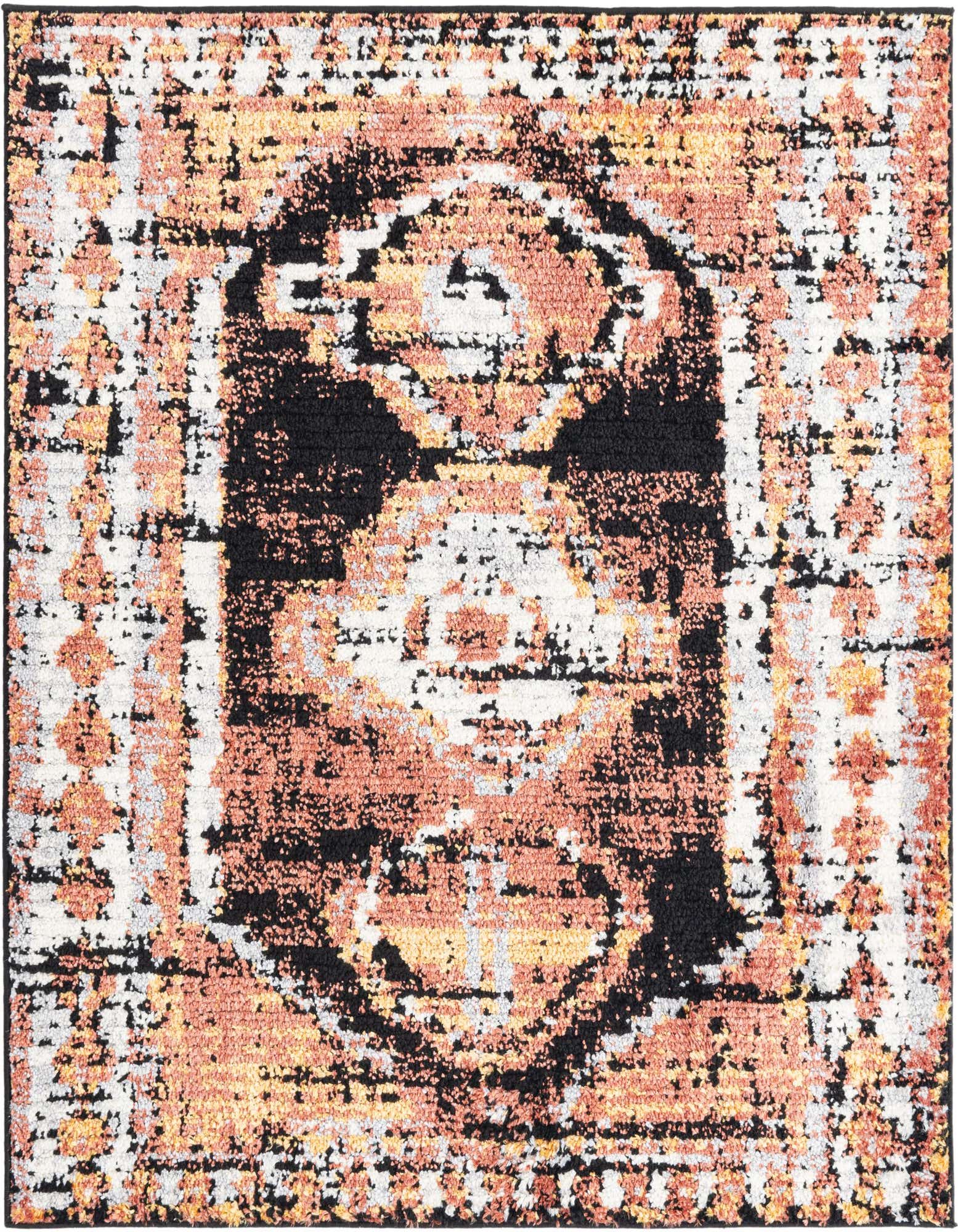 A 5' 3 x 5' 3 square orange, red, and black Southwestern-style rug with a distressed tribal pattern, ideal for a patio.