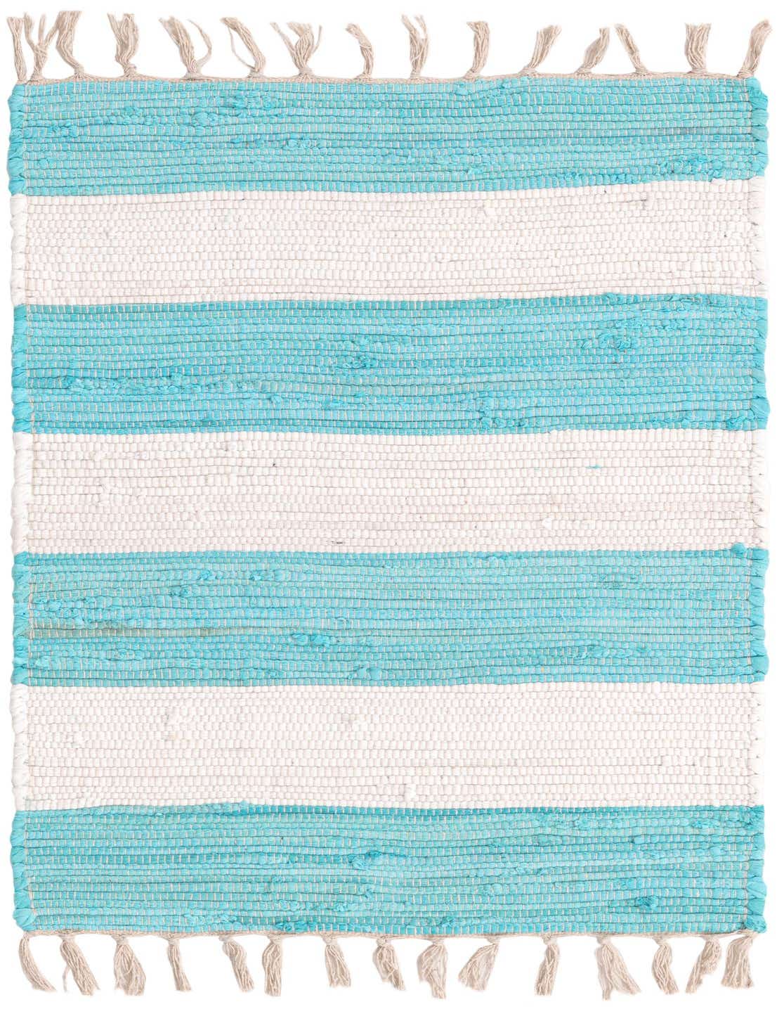 A 2x3 rectangular Chindi Rag rug with alternating horizontal stripes of textured aqua blue and off-white, featuring natural fringe.